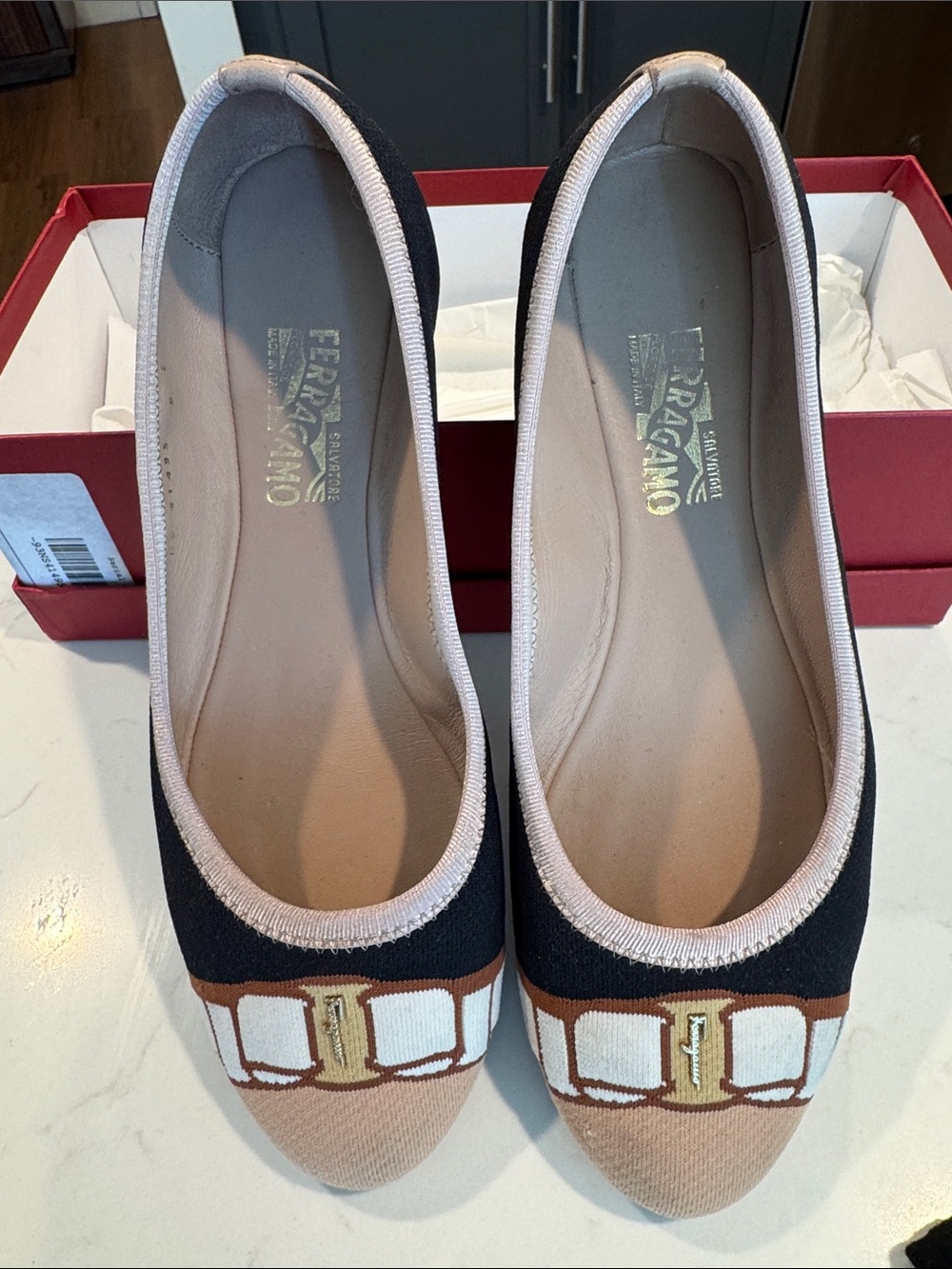 Salvatore Ferragamo Black, Beige & Brown Bow-Accent Ballet Flats